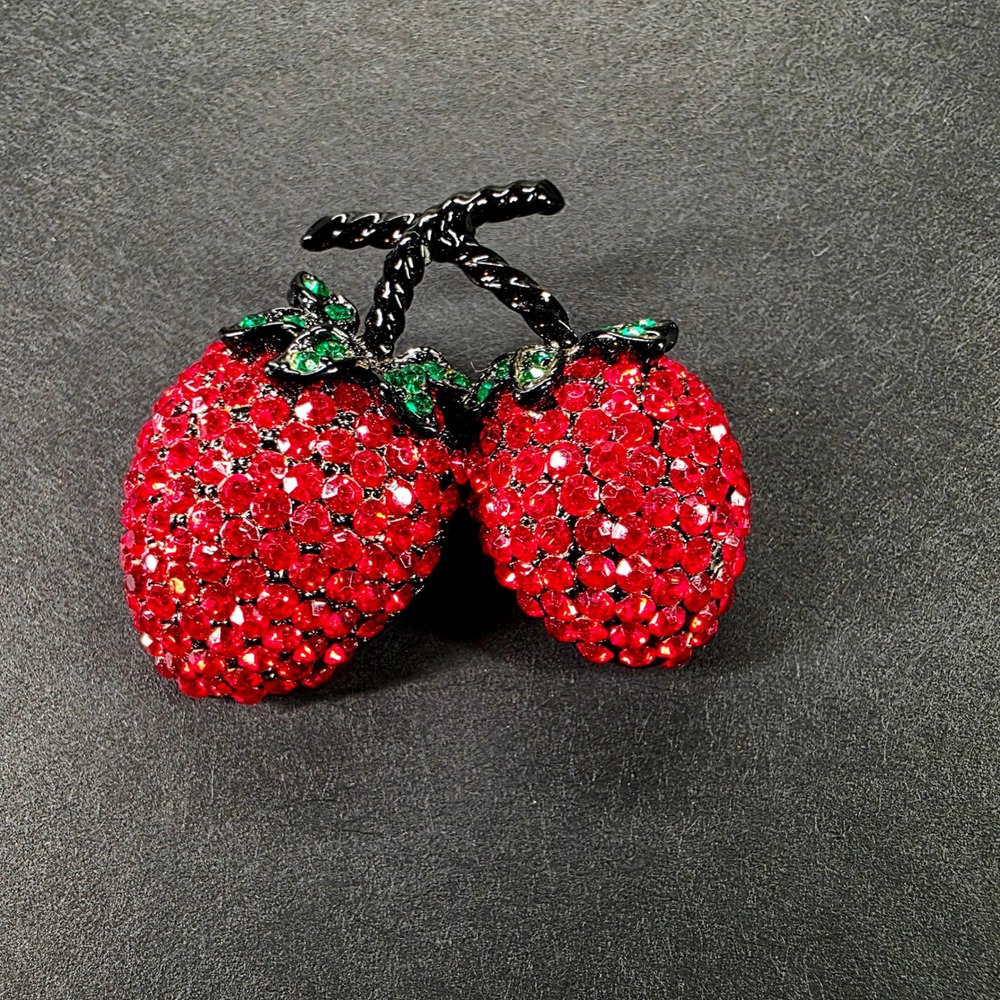 Vintage Red Rhinestone Double Strawberry Brooch Pin Fruit‎ Jewelry Accessory